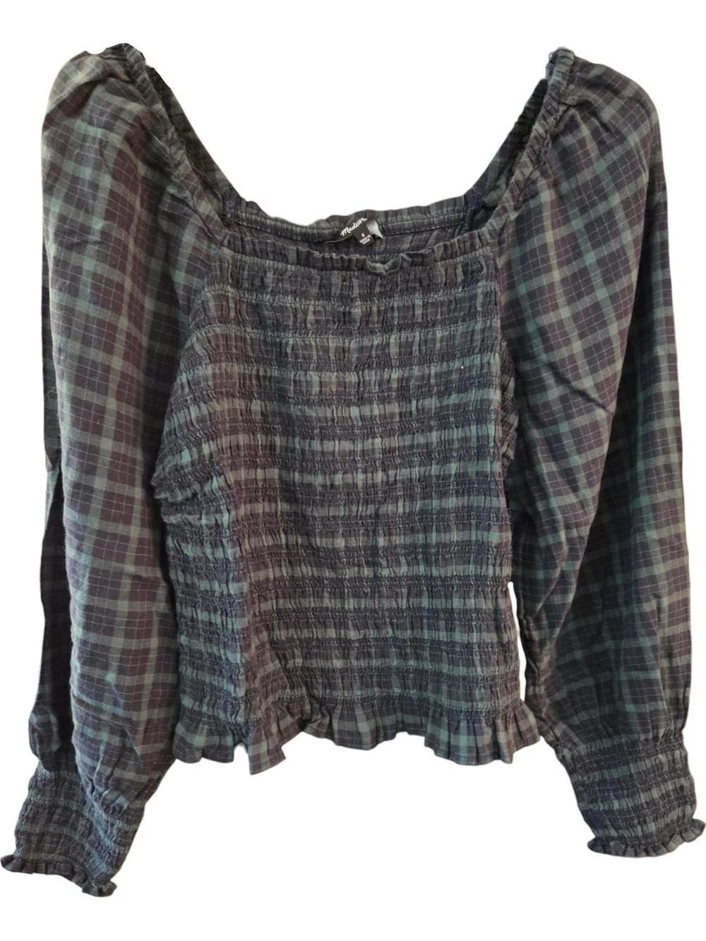 Madewell Lucie Bubble-Sleeve Smocked Top in 'Forest' Plaid - Size S